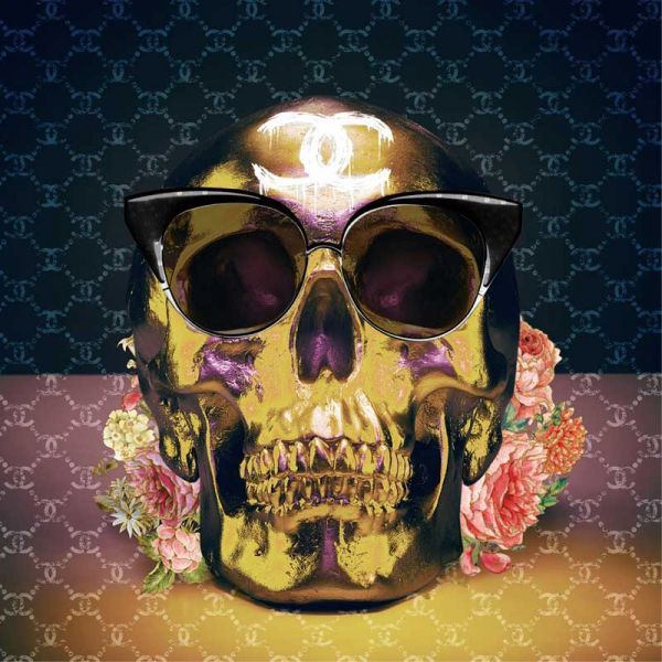 Skull Gold with Sunglasses - 80x80 cm Glass Pane