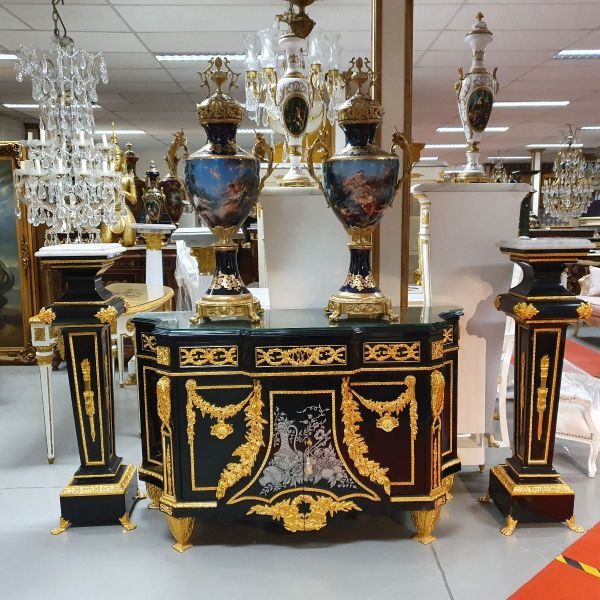 Luxus Barock Commode mit 2 Säulen schwarz-gold vergoldet